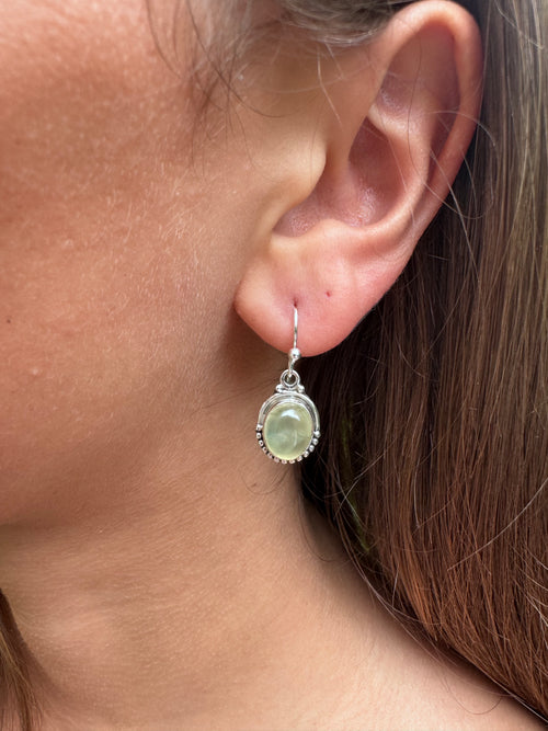 Prehnite Oval Dot Silver Earrings