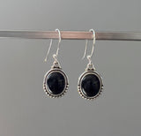 Black Onyx Oval Dot Silver Earrings