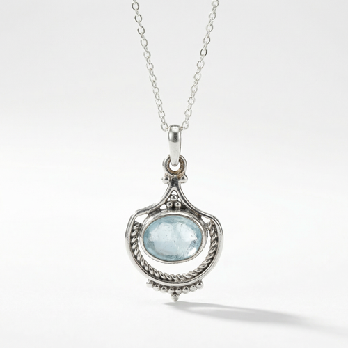 Aquamarine Vintage Inspired Boho Silver Necklace