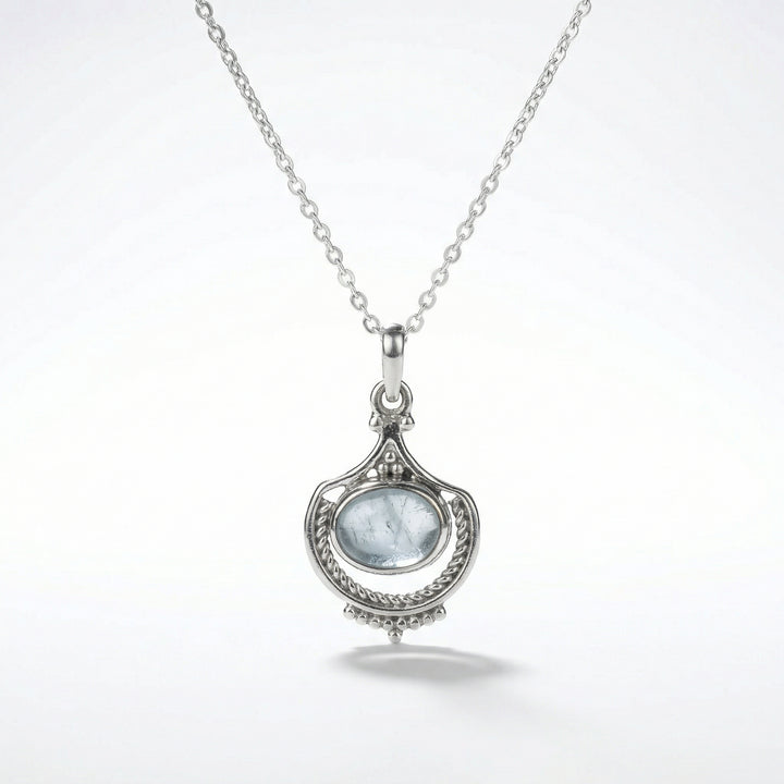 Aquamarine Vintage Inspired Boho Silver Necklace with Chain style Options