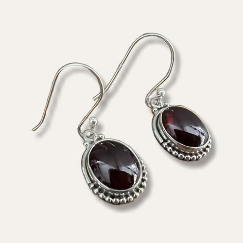 Garnet Oval Dot Silver Earrings
