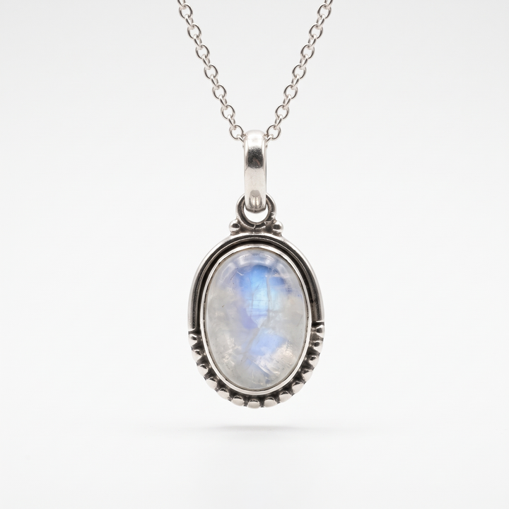 Rainbow Moonstone Oval Dot Silver Necklace