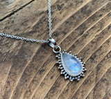 Rainbow Moonstone Sunburst Teardrop Necklace