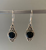 Black Onyx Vintage Scroll Silver Drop Earrings