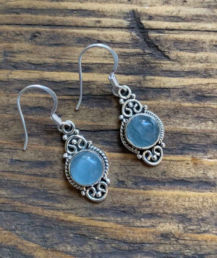 Aquamarine Vintage Scroll Silver Drop Earrings