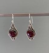 Garnet Vintage Scroll Silver Drop Earrings
