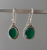 Green Onyx Earrings Oval Dot Silver Earrings