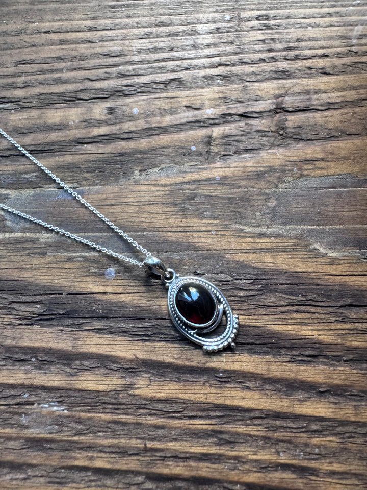 Boho Garnet Ornate Oval Necklace