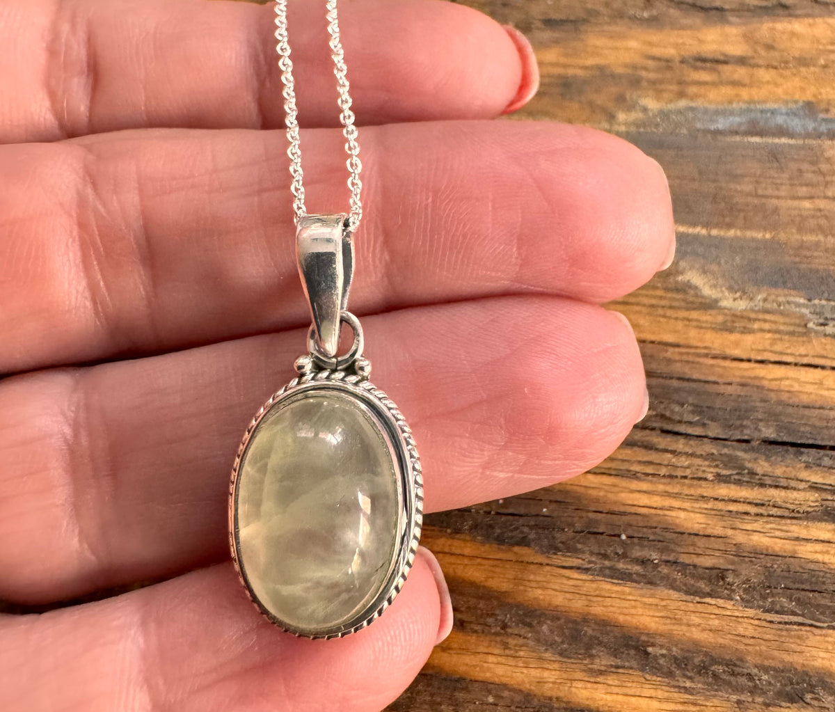 Prehnite Oval Bohemian Sterling Silver Necklace