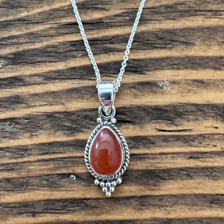 Dainty Boho Carnelian Teardrop Silver Necklace Pendant
