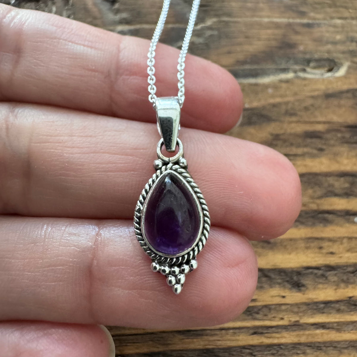 Dainty Boho Amethyst Teardrop Silver Necklace Pendant