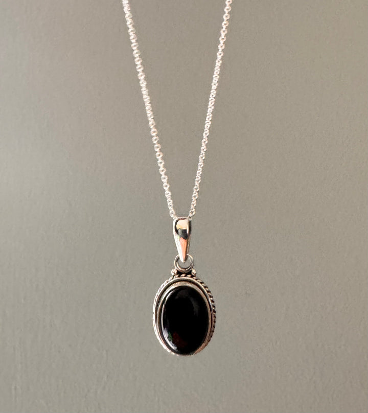 Black Onyx Oval  Bohemian Sterling Silver Necklace
