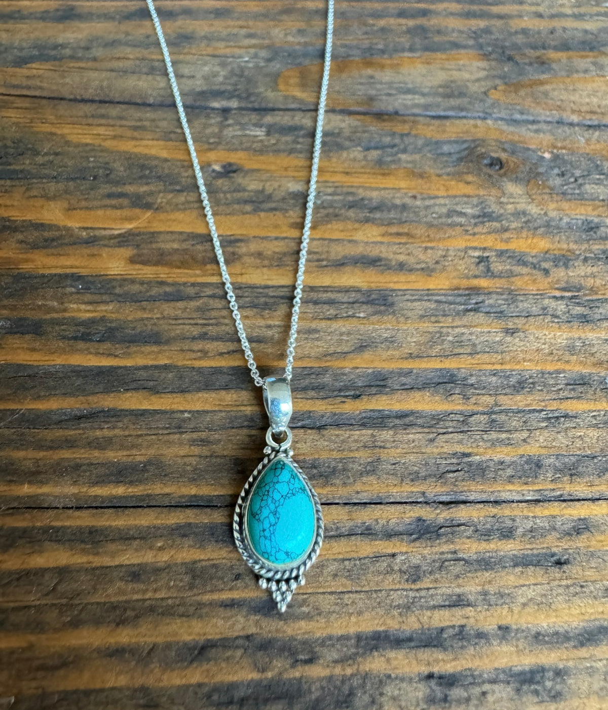 Dainty Boho Turquoise Teardrop Silver Pendant  Necklace