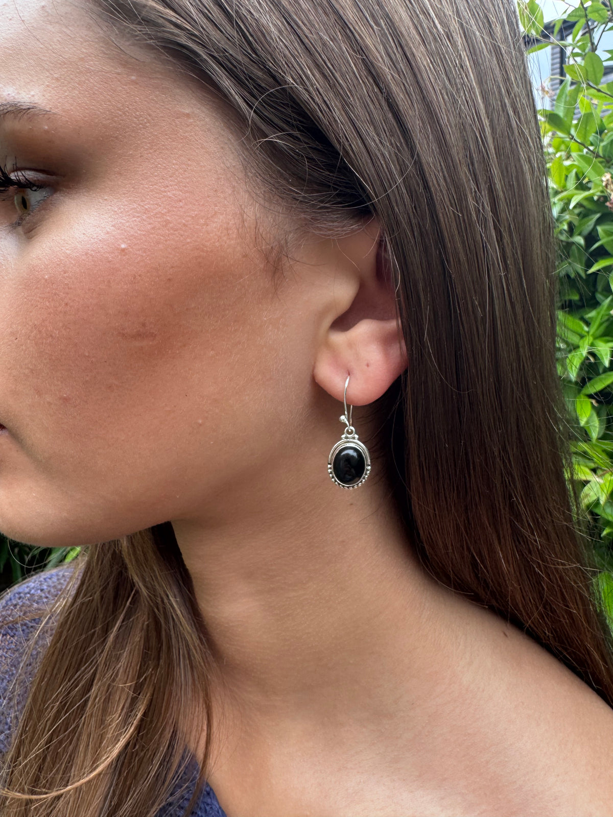 Black Onyx Oval Dot Silver Earrings