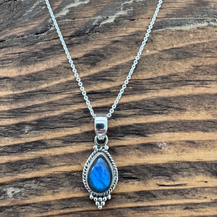 Dainty Boho Labradorite Teardrop Silver Necklace Pendant