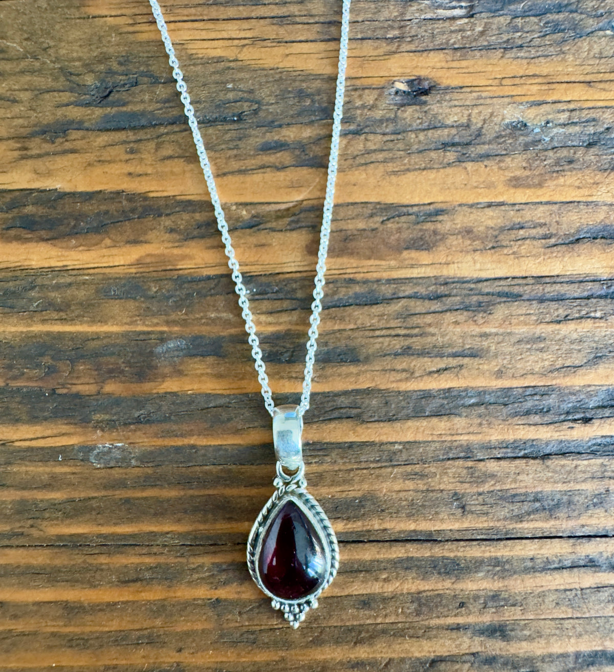 Dainty Boho Garnet Teardrop Silver Pendant Necklace