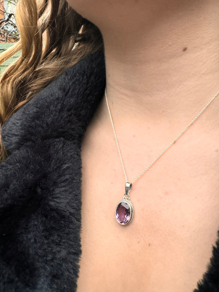 Faceted Amethyst Oval Bohemian Sterling Silver Necklace