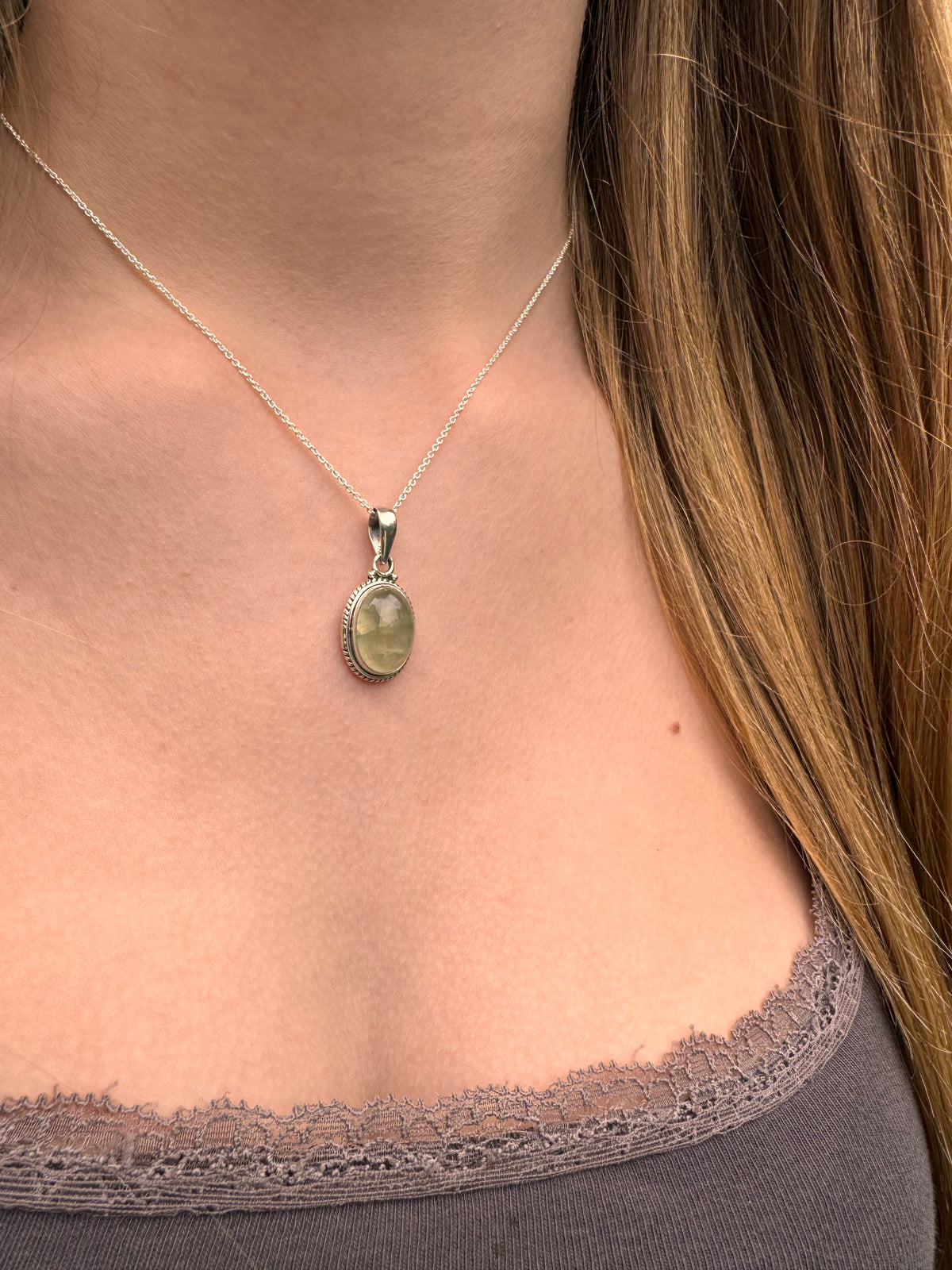 Prehnite Oval Bohemian Sterling Silver Necklace