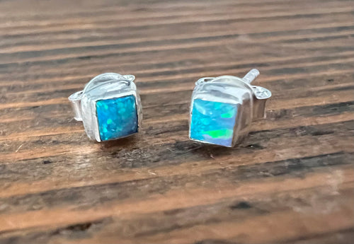 Tiny Square Opal Stud Earrings