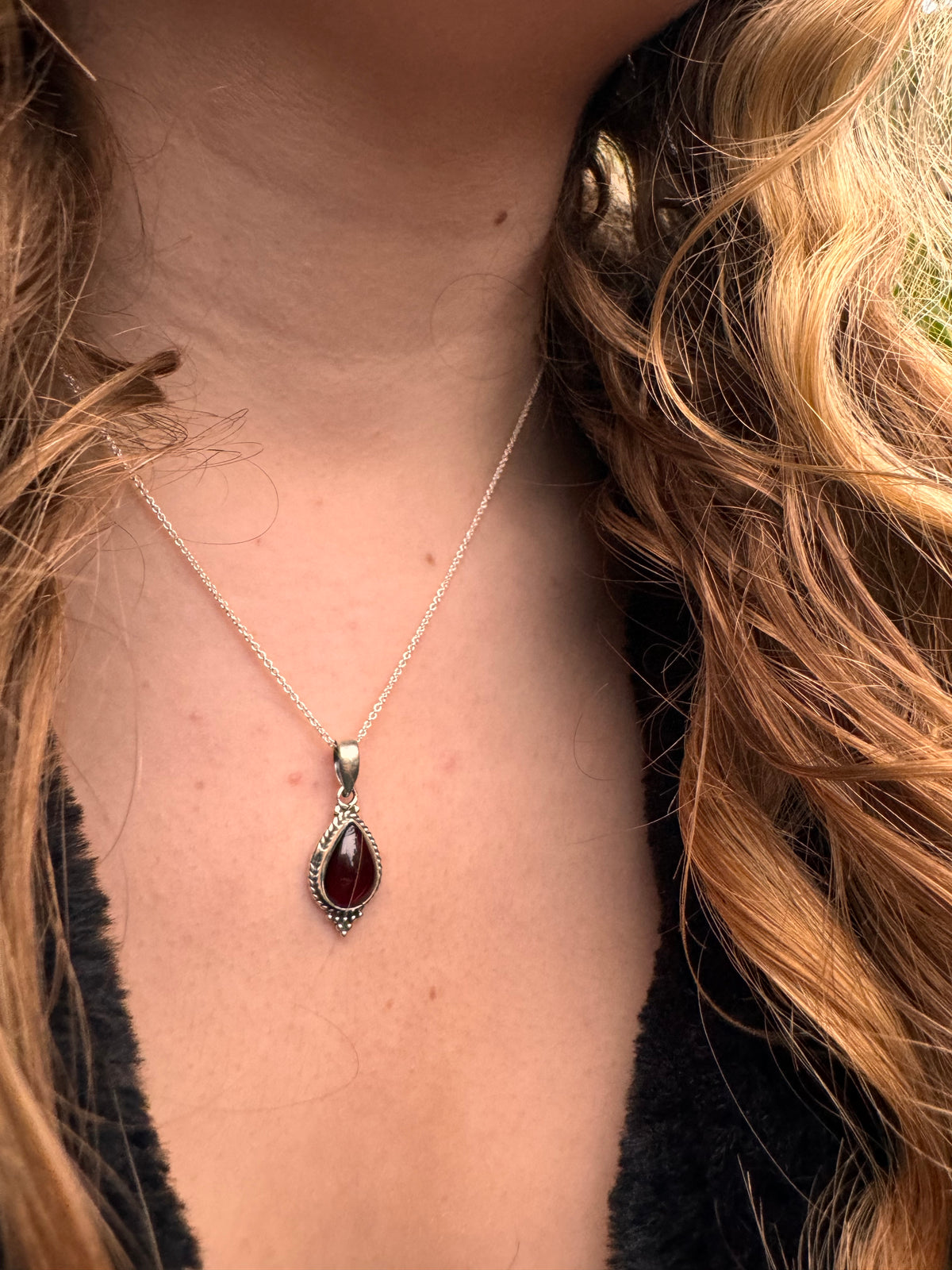 Dainty Boho Garnet Teardrop Silver Pendant Necklace