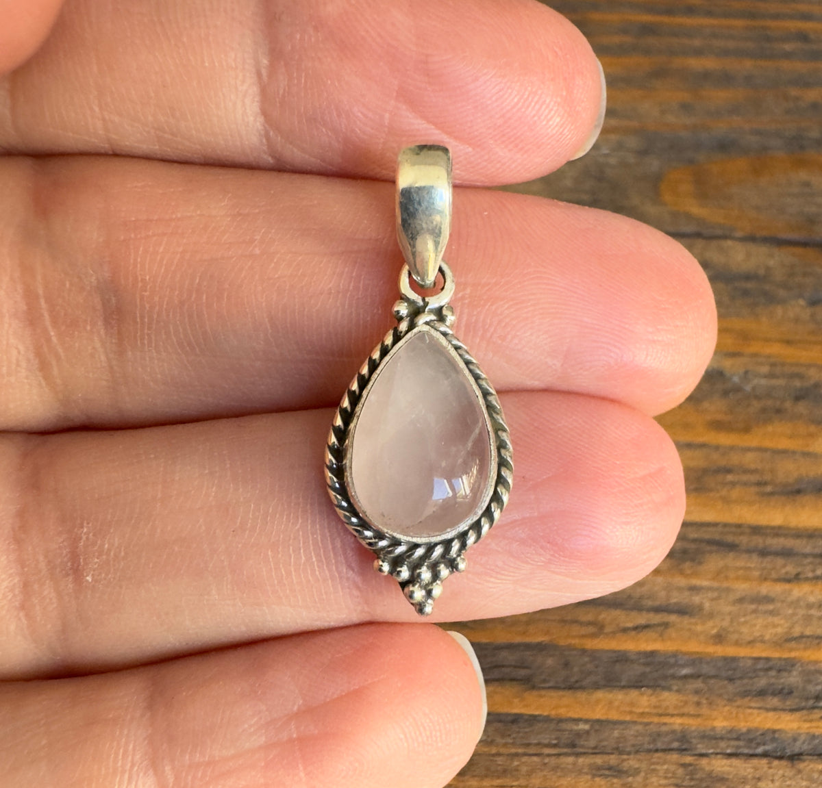 Dainty Boho Rose Quartz Teardrop Silver Pendant Necklace