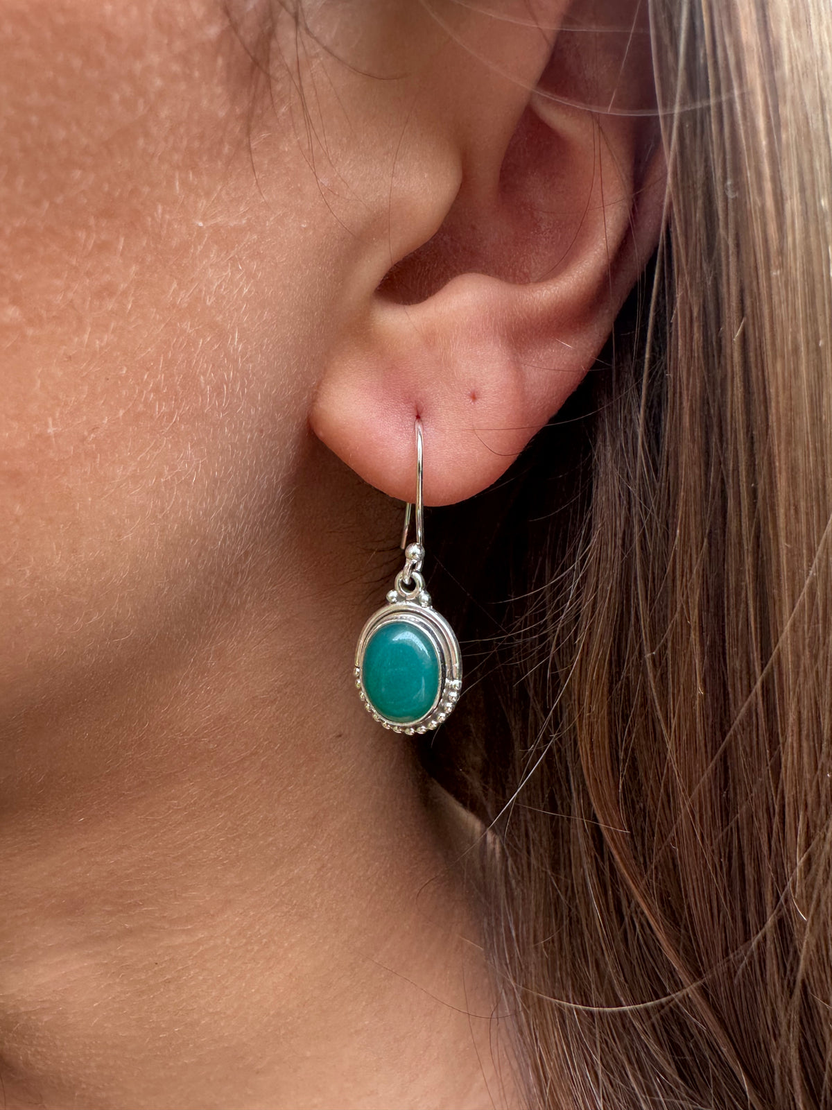 Green Onyx Earrings Oval Dot Silver Earrings