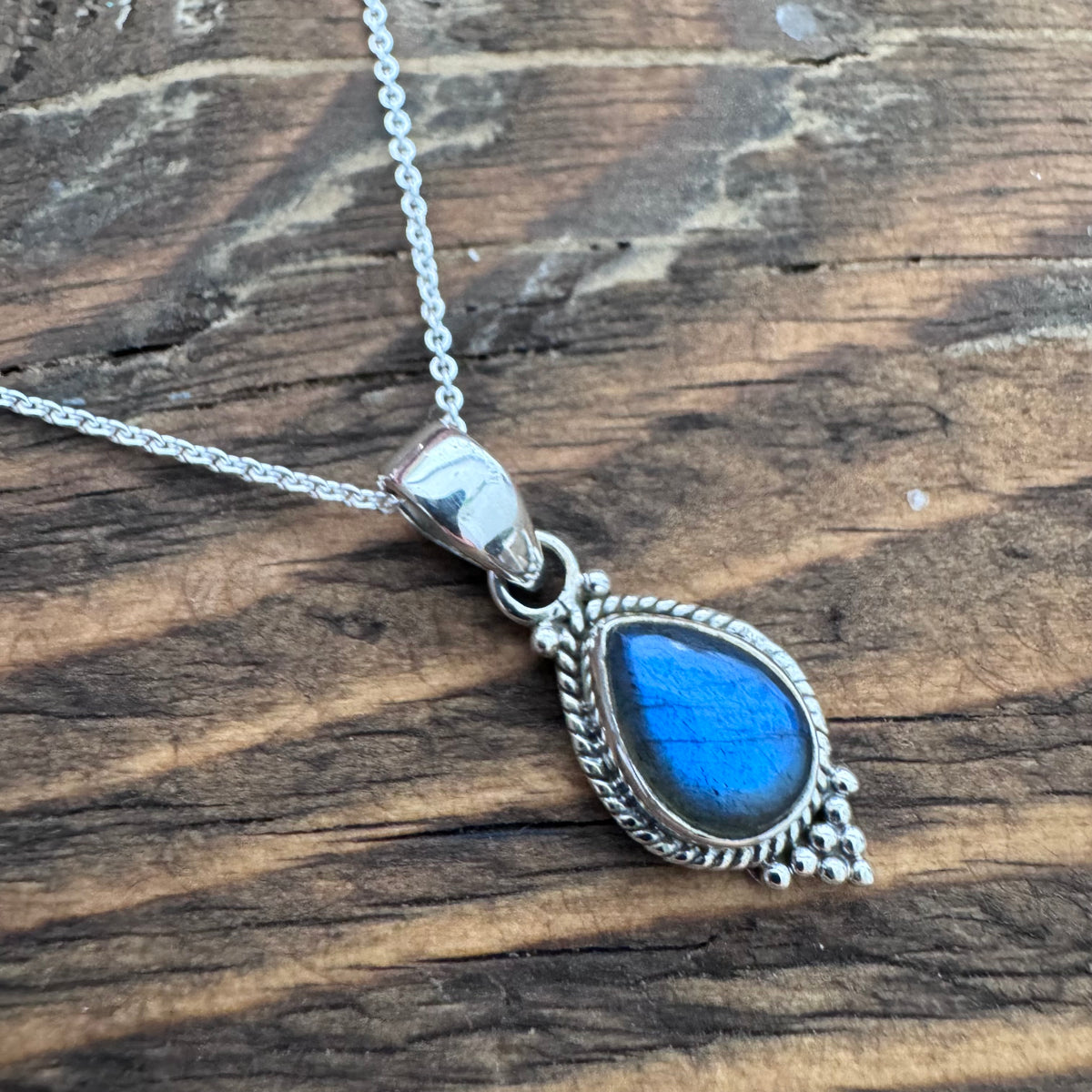 Dainty Boho Labradorite Teardrop Silver Necklace Pendant