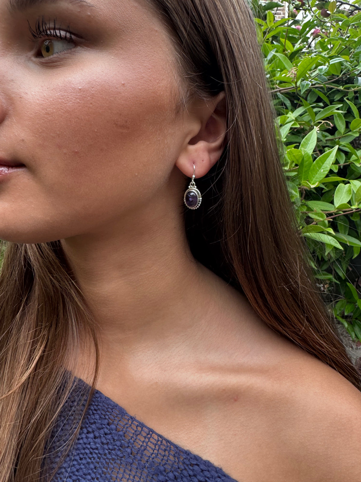 Amethyst Oval Dot Silver Earrings