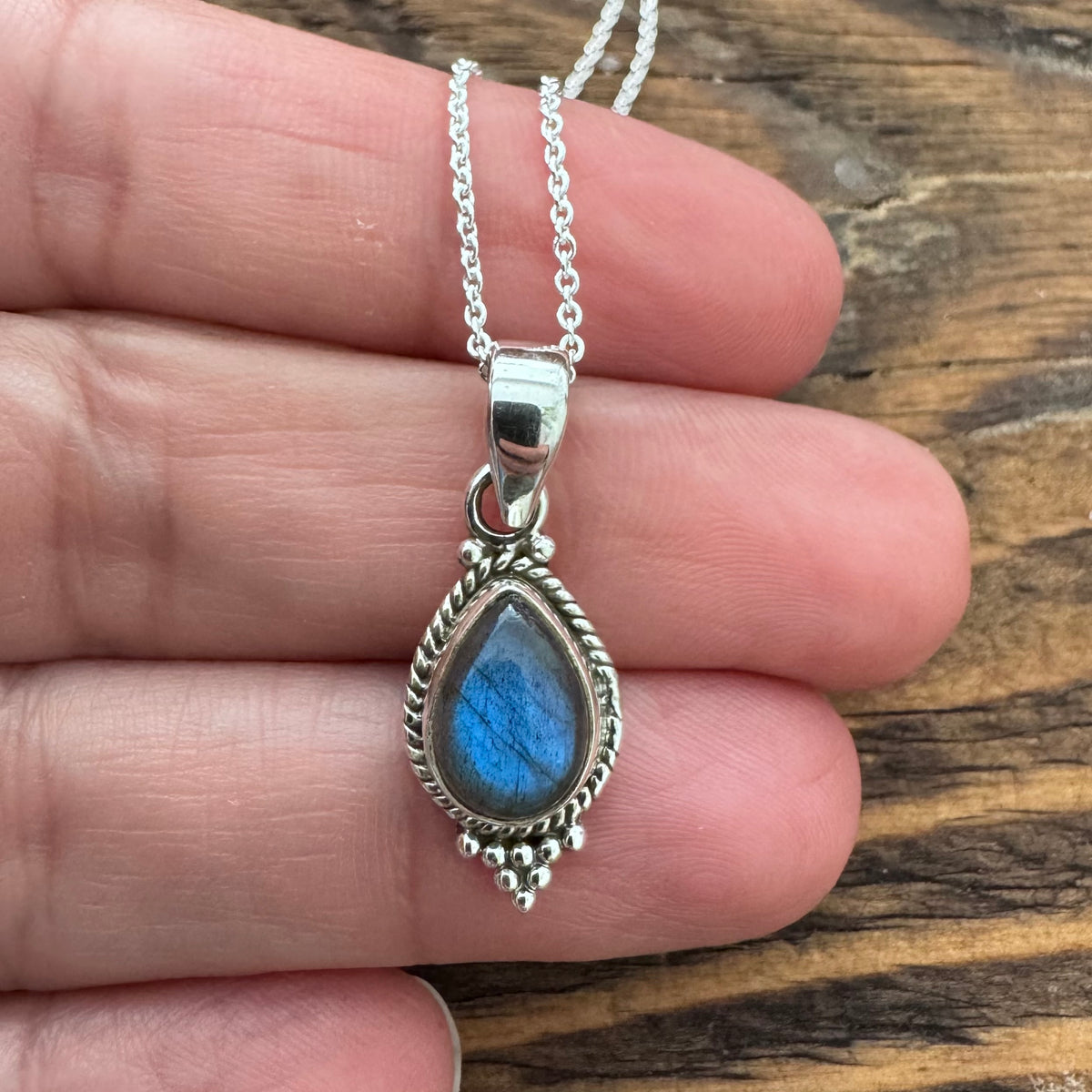 Dainty Boho Labradorite Teardrop Silver Necklace Pendant