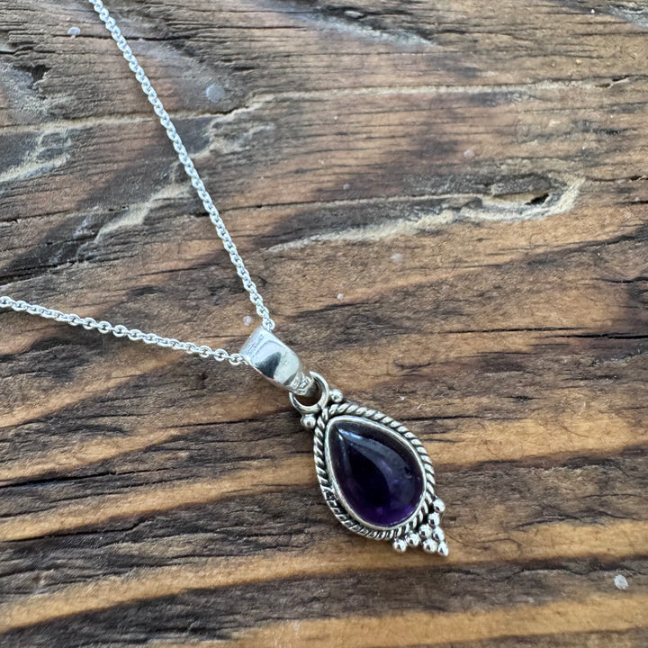 Dainty Boho Amethyst Teardrop Silver Necklace Pendant