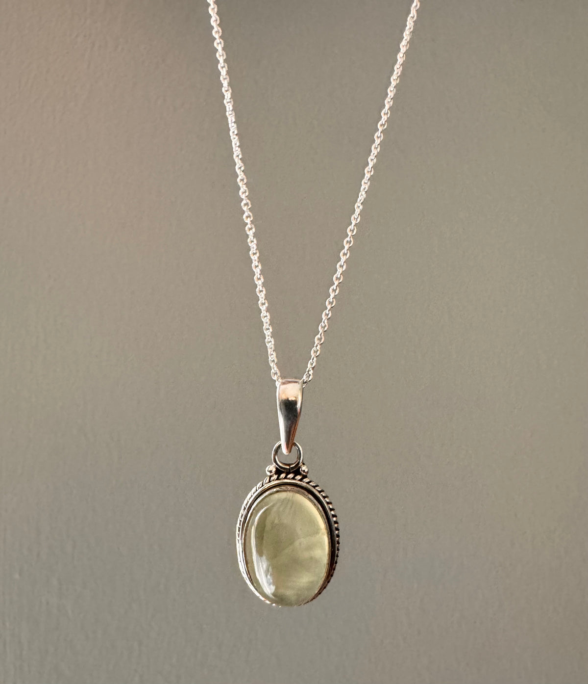 Prehnite Oval Bohemian Sterling Silver Necklace