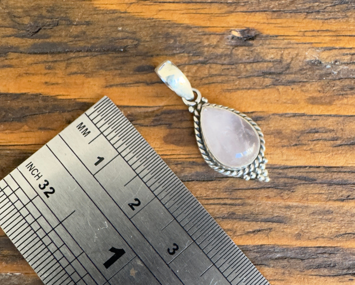 Dainty Boho Rose Quartz Teardrop Silver Pendant Necklace