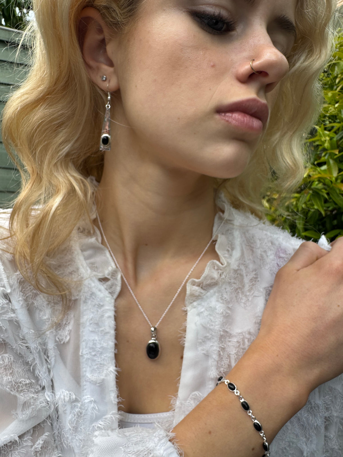 Long Triangle Black Onyx Earrings