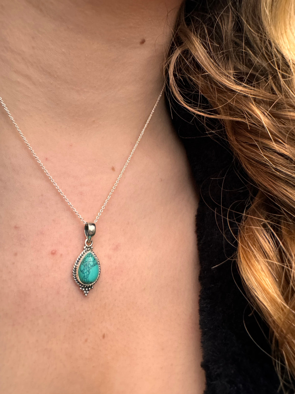 Dainty Boho Turquoise Teardrop Silver Pendant  Necklace