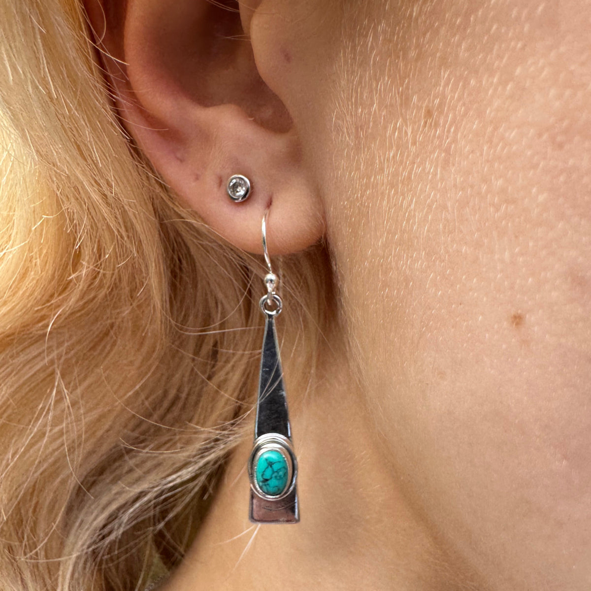 Long Triangle Silver Turquoise Gemstone Earrings