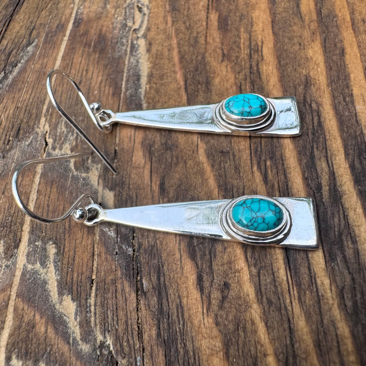 Long Triangle Silver Turquoise Gemstone Earrings