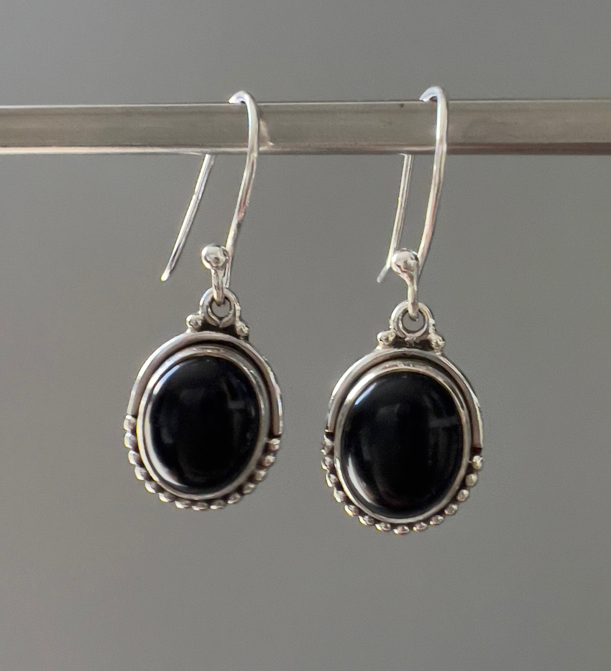 Black Onyx Oval Dot Silver Earrings