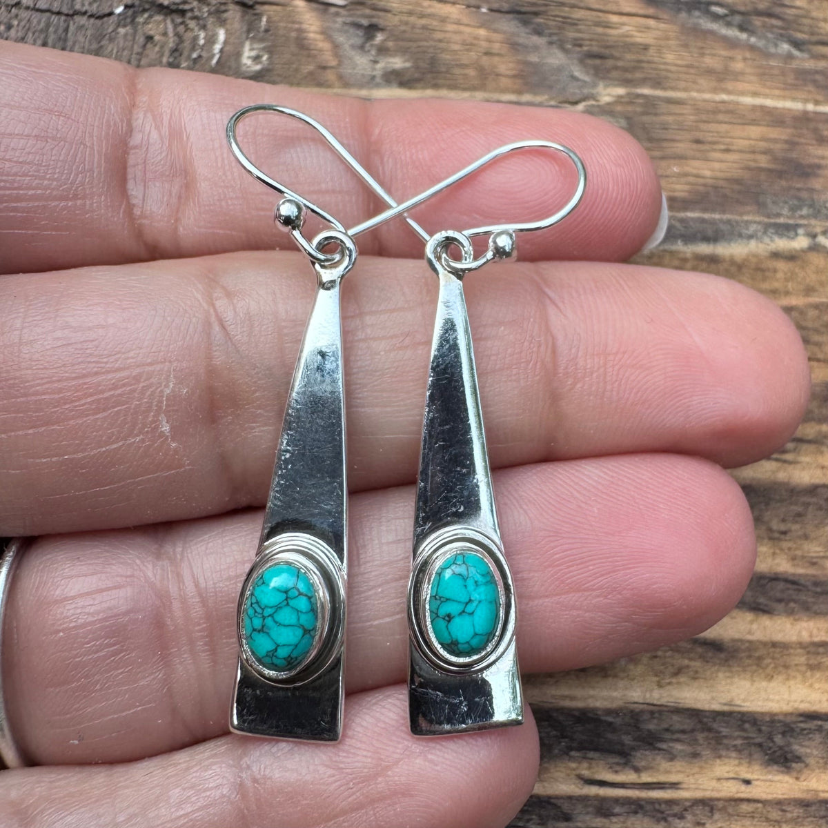 Long Triangle Silver Turquoise Gemstone Earrings