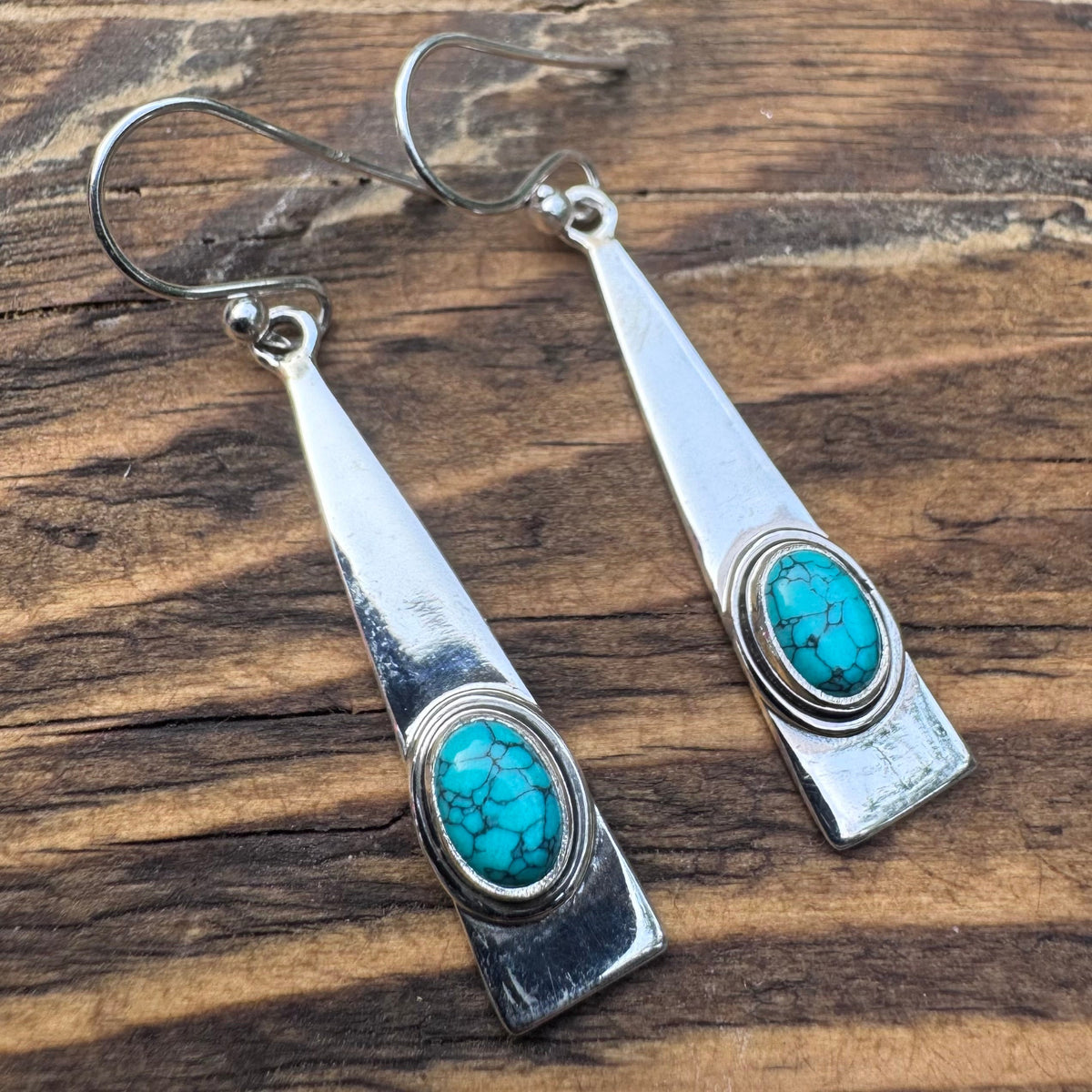 Long Triangle Silver Turquoise Gemstone Earrings