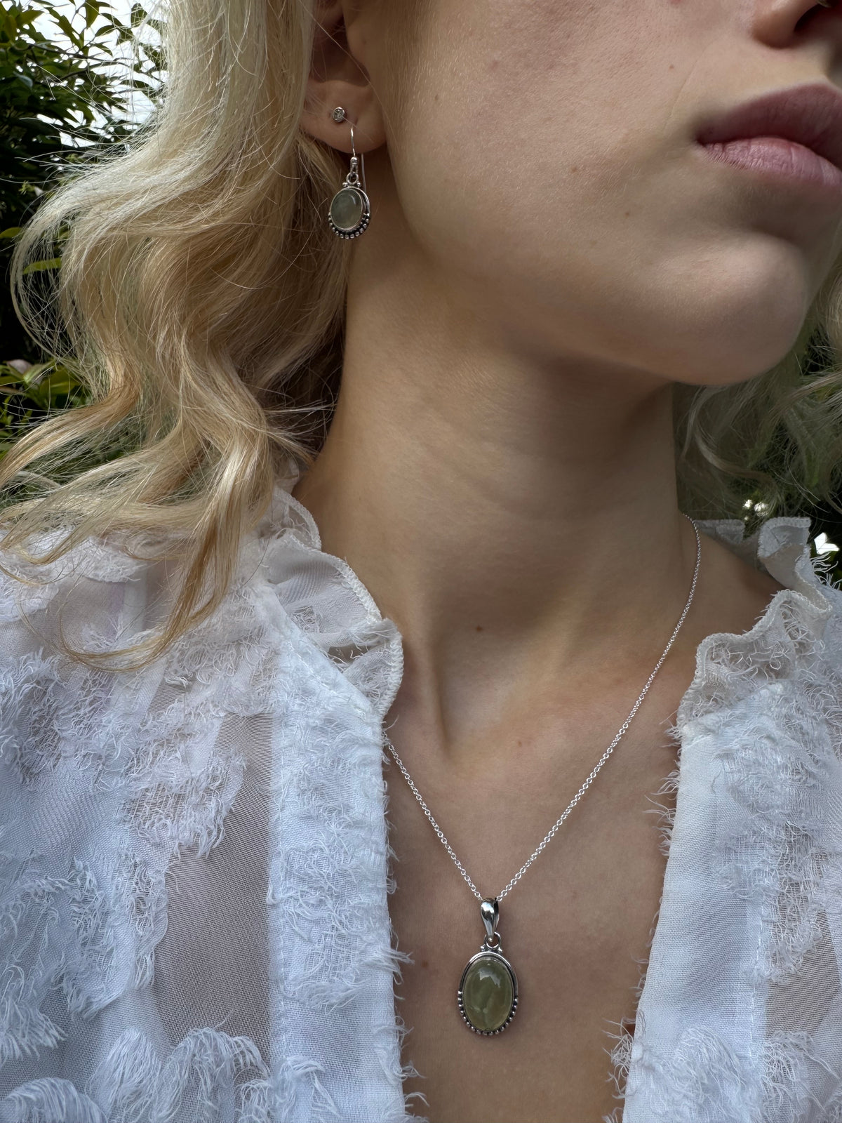 Prehnite Oval Dot Silver Earrings