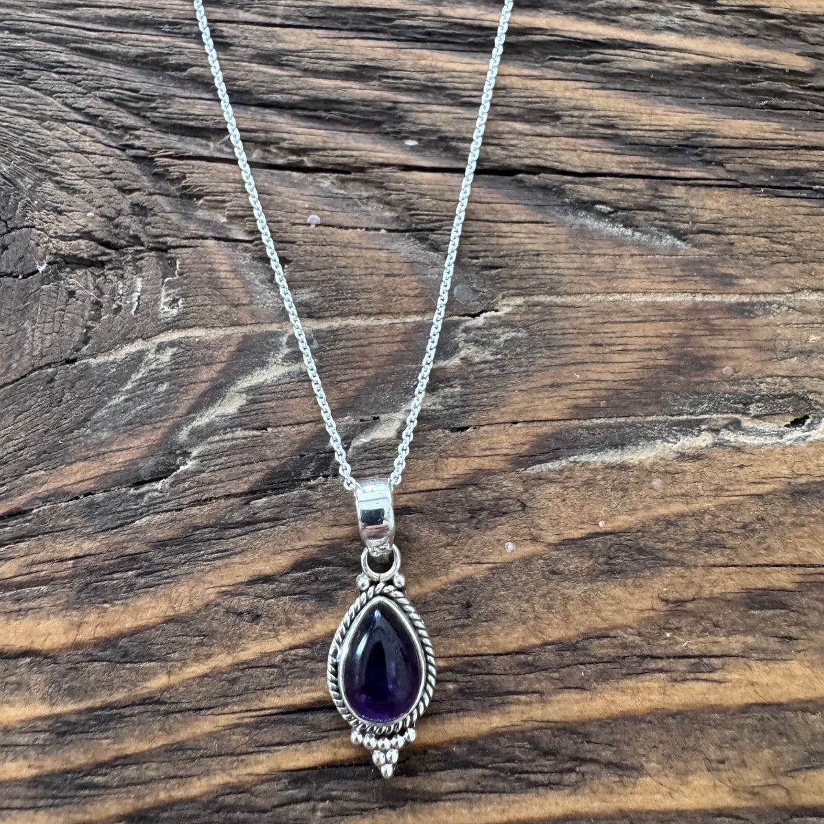 Dainty Boho Amethyst Teardrop Silver Necklace Pendant