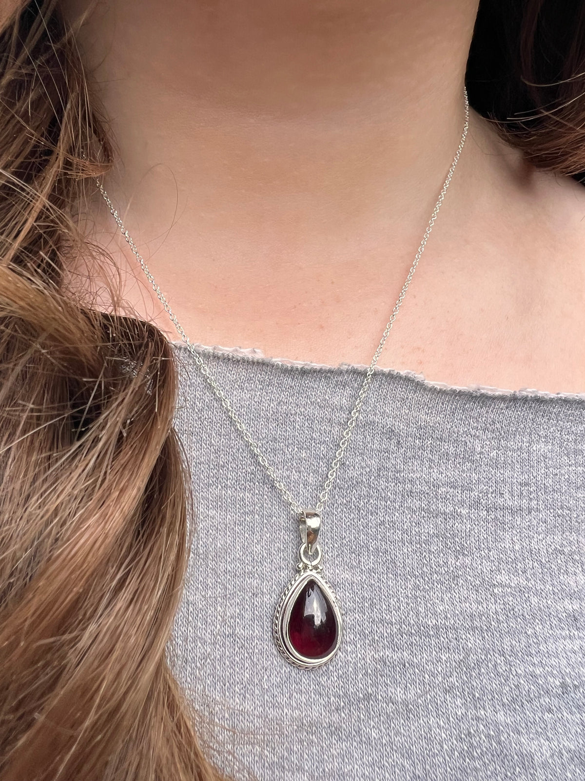 Garnet Teardrop Silver Pendant Necklace