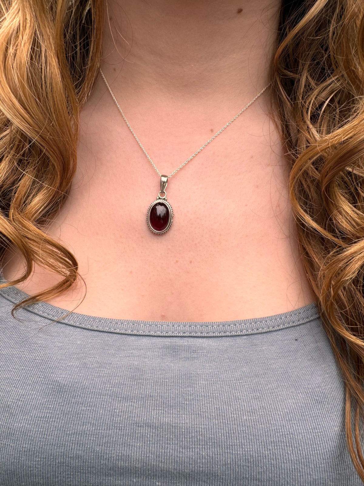 Garnet Oval Bohemian Sterling Silver Necklace