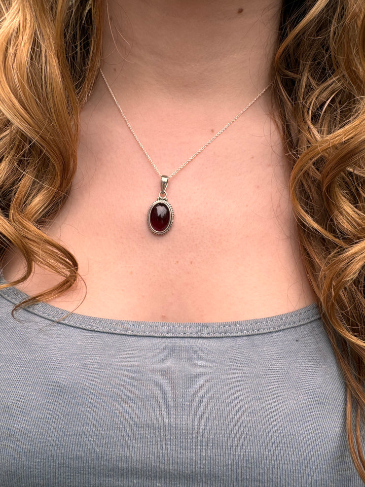 Garnet Oval Bohemian Sterling Silver Necklace