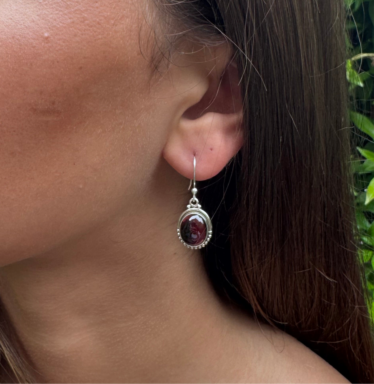 Garnet Oval Dot Silver Earrings