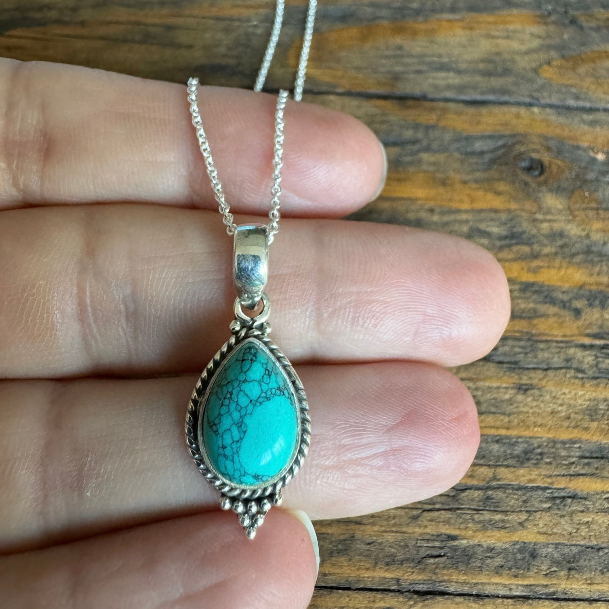Dainty Boho Turquoise Teardrop Silver Pendant  Necklace