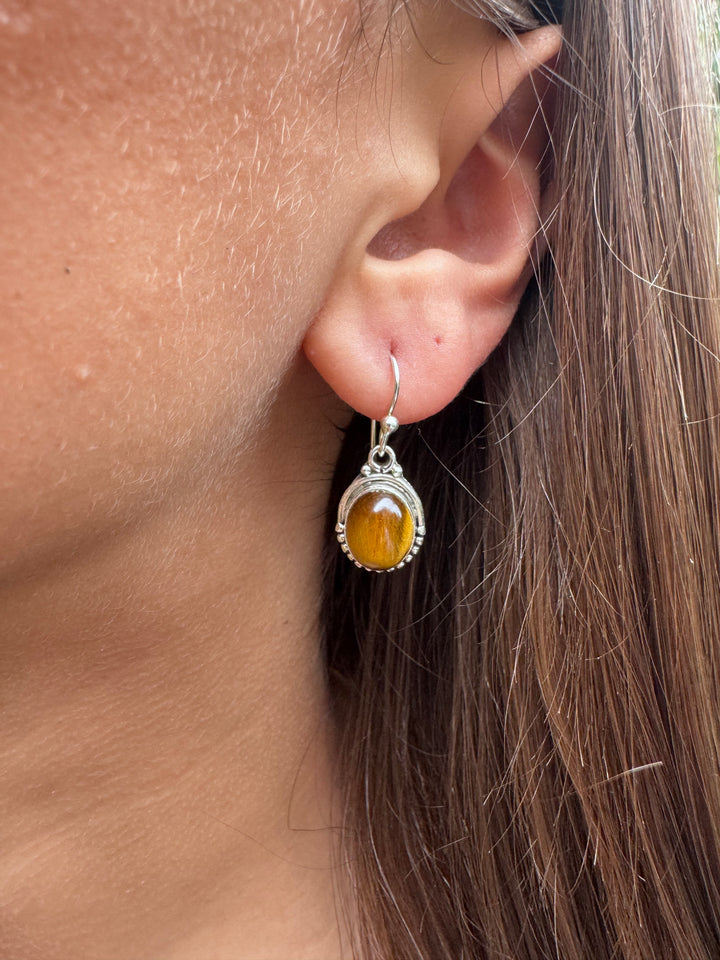 Tiger Eye Oval Dot Silver Earrings