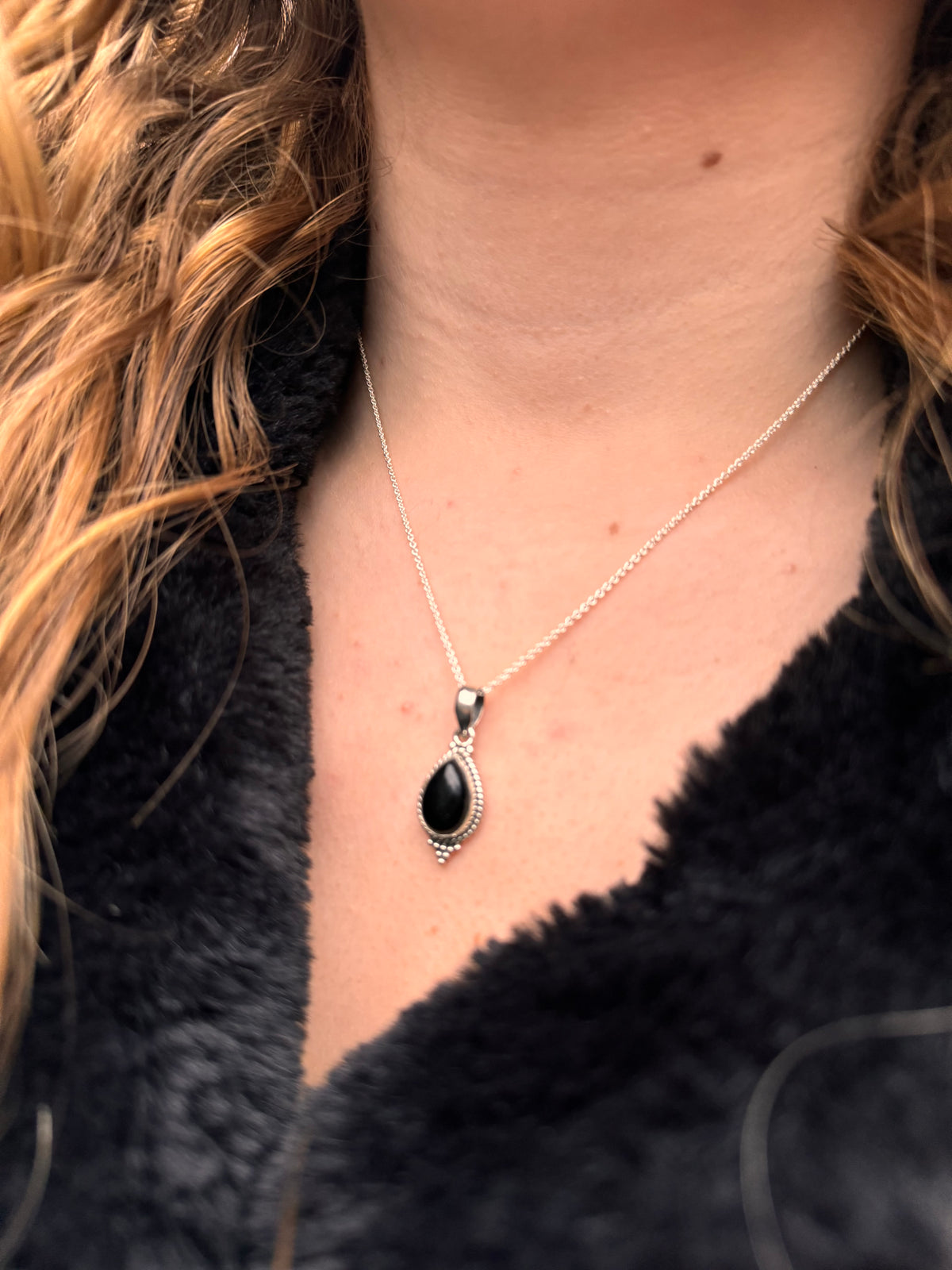 Dainty Boho Black Onyx Teardrop Pendant Necklace