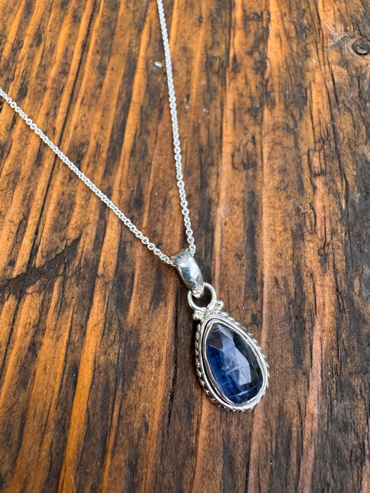 Faceted Kyanite Teardrop Silver Pendant Necklace
