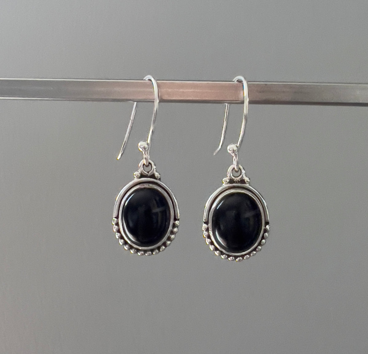 Black Onyx Oval Dot Silver Earrings